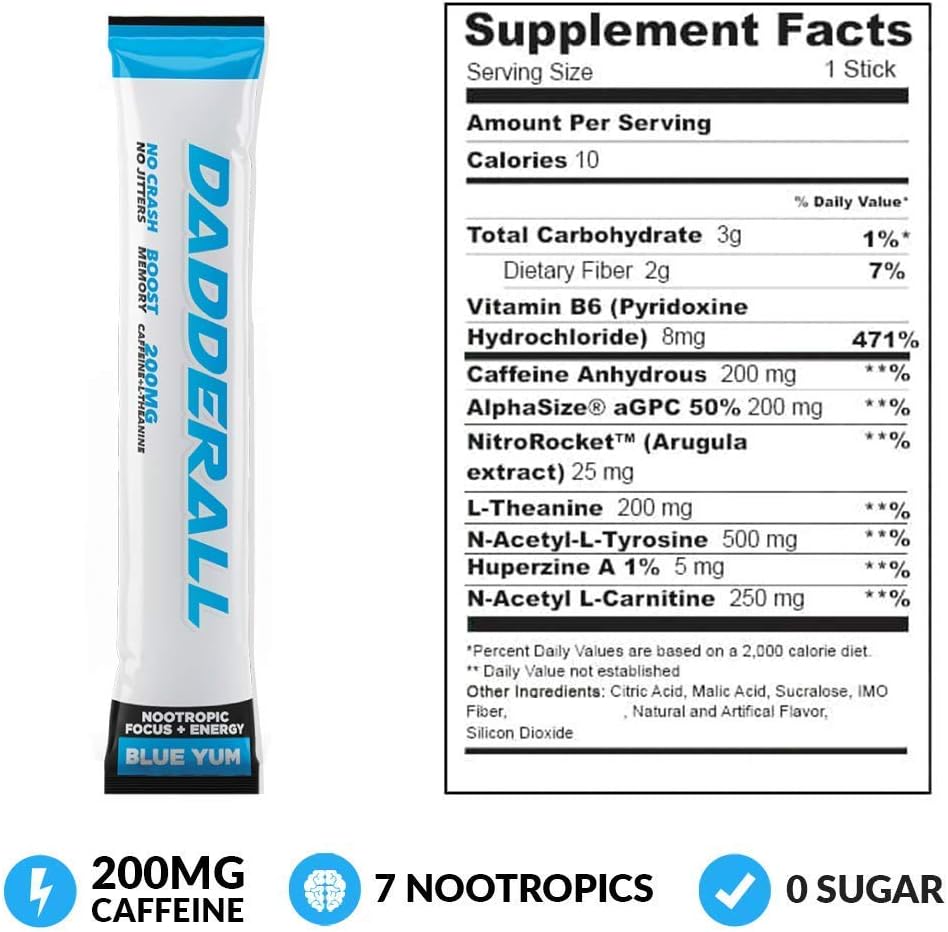 Blue Yum Nootropic Energy Drink Mix with 200mg Caffeine - 25 Single Serve Packets for Adults - Dadderall Focus Powder