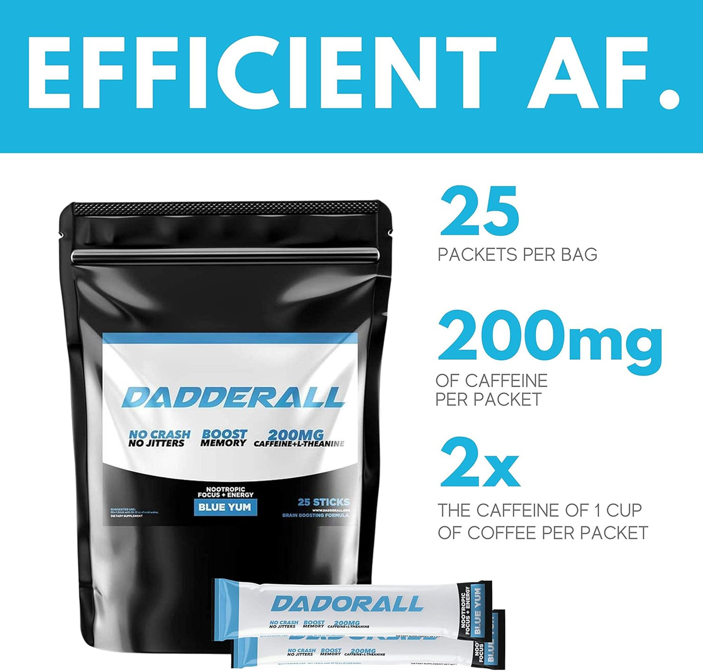 Blue Yum Nootropic Energy Drink Mix with 200mg Caffeine - 25 Single Serve Packets for Adults - Dadderall Focus Powder