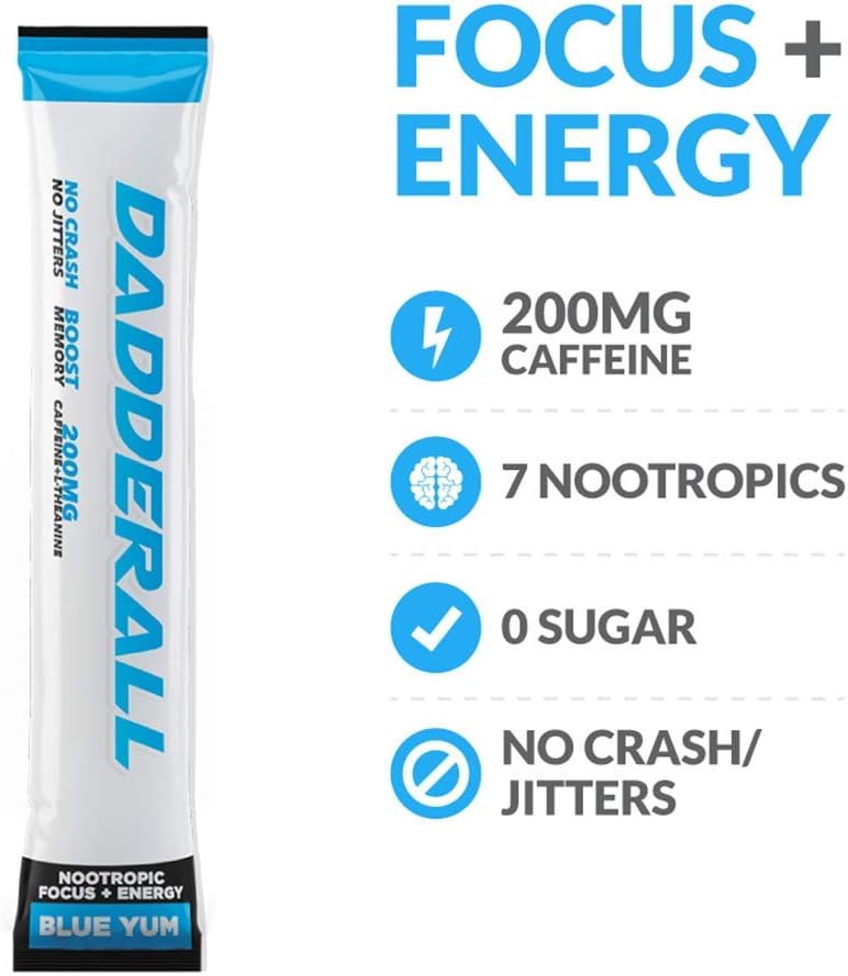 Blue Yum Nootropic Energy Drink Mix with 200mg Caffeine - 25 Single Serve Packets for Adults - Dadderall Focus Powder