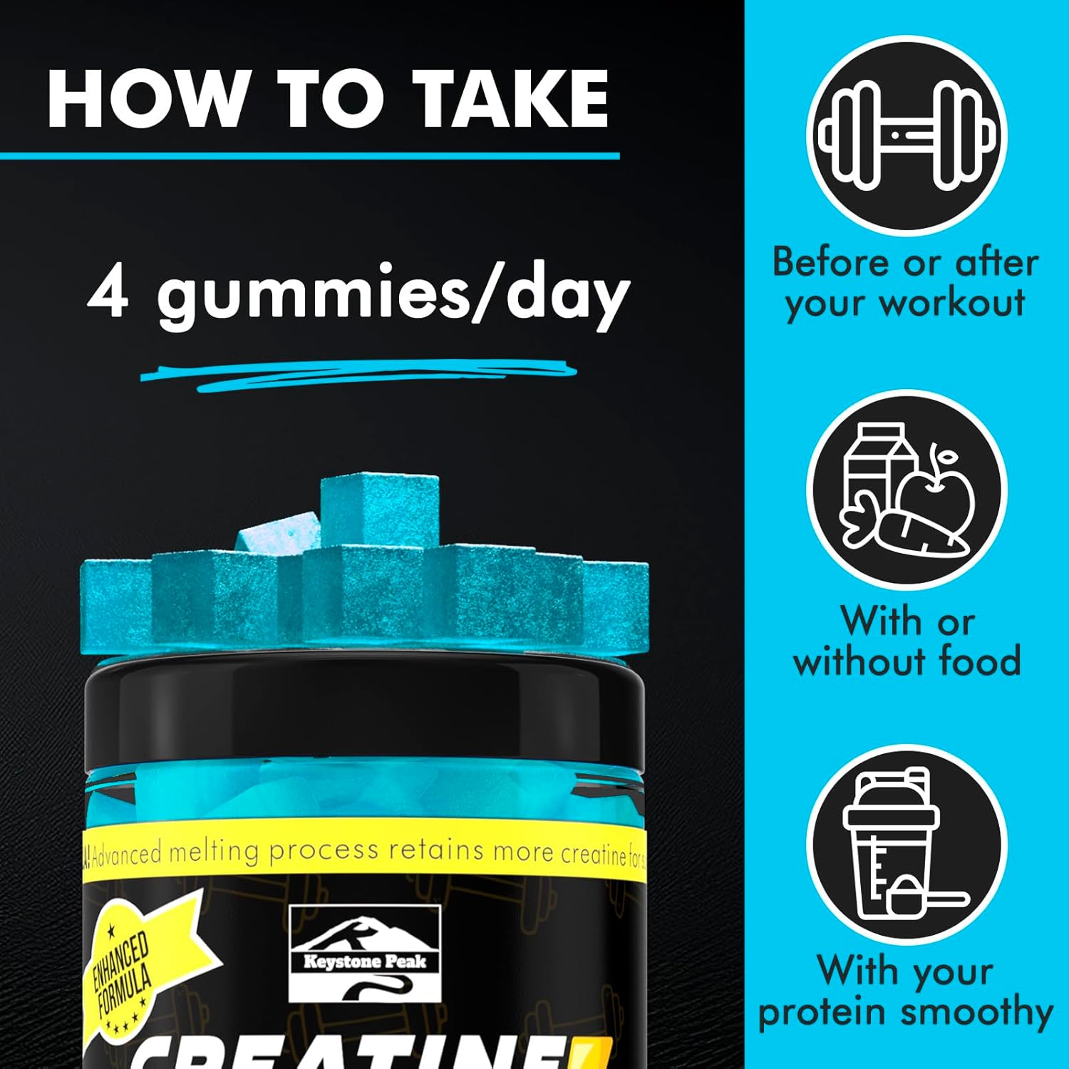 Blueberry Creatine Gummies for Strength, Energy, and Muscle Gain - 120 Count Vegan and Sugar-Free Supplement