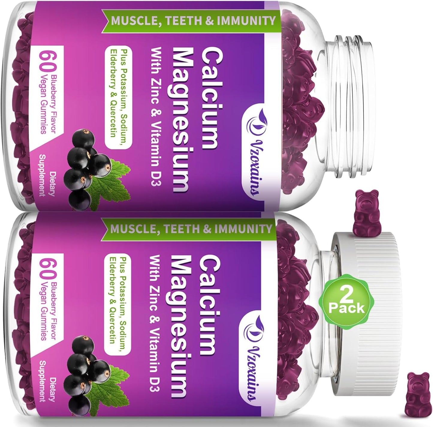 Blueberry Flavored Calcium Magnesium Zinc Gummies - High Absorption Supplement with Vitamin D3 & Potassium for Bone Strength - 120 Count