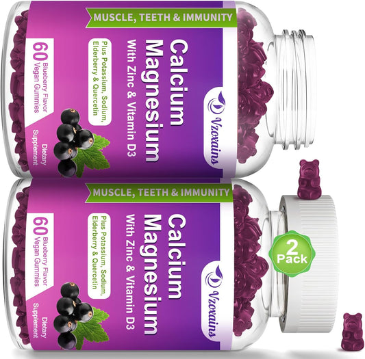 Blueberry Flavored Calcium Magnesium Zinc Gummies - High Absorption Supplement with Vitamin D3 & Potassium for Bone Strength - 120 Count