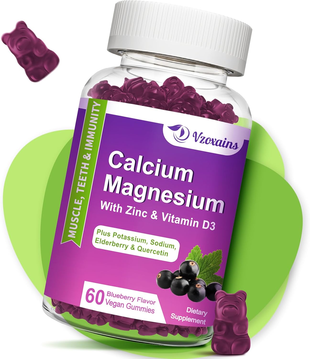 Blueberry Flavored Calcium Magnesium Zinc Gummies with Vitamin D3 - Strong Bones & Muscles Supplement - 60 Count