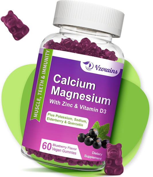 Blueberry Flavored Calcium Magnesium Zinc Gummies with Vitamin D3 - Strong Bones & Muscles Supplement - 60 Count