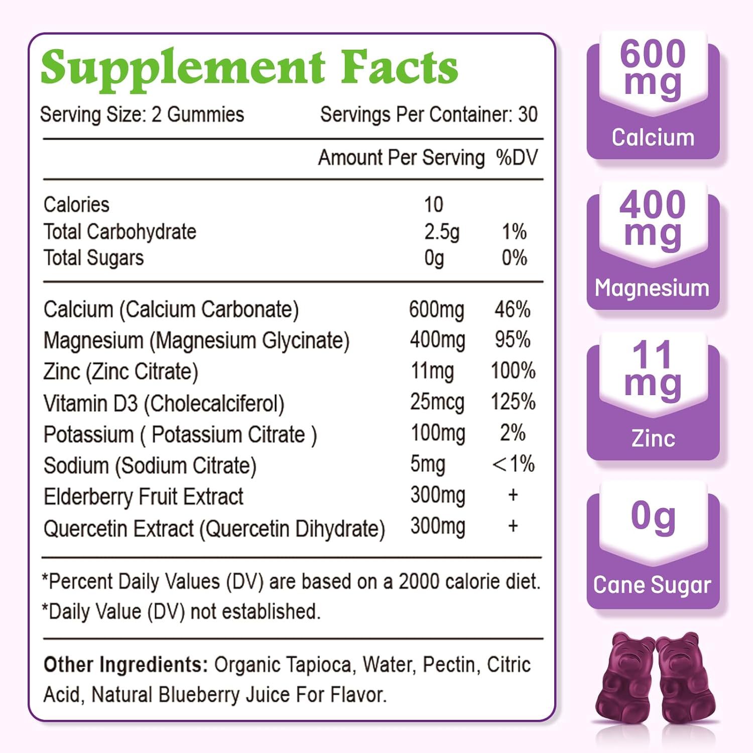 Blueberry Flavored Calcium Magnesium Zinc Gummies with Vitamin D3 - Strong Bones & Muscles Supplement - 60 Count