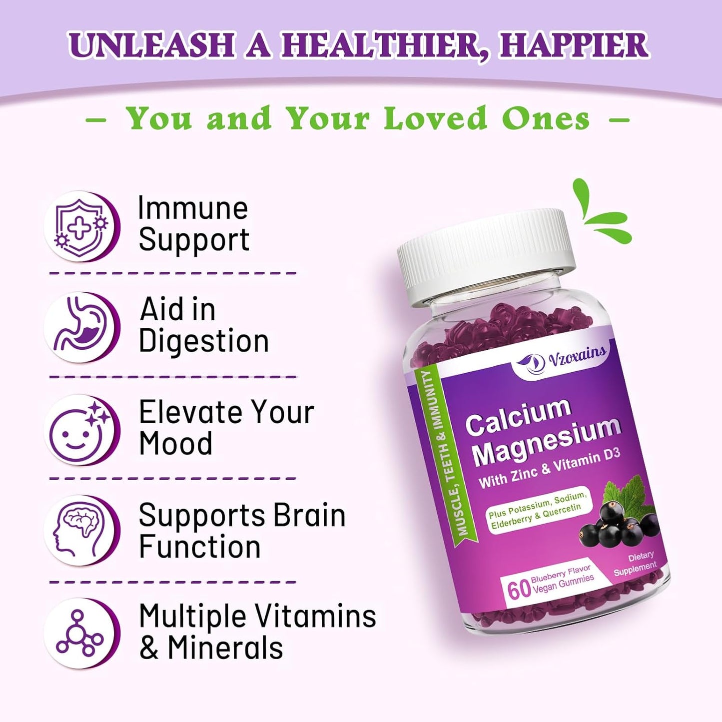 Blueberry Flavored Calcium Magnesium Zinc Gummies - High Absorption Supplement with Vitamin D3 & Potassium for Bone Strength - 120 Count