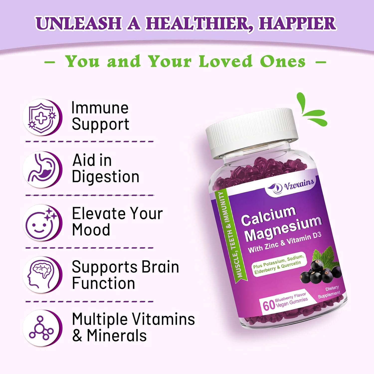 Blueberry Flavored Calcium Magnesium Zinc Gummies - High Absorption Supplement with Vitamin D3 & Potassium for Bone Strength - 120 Count