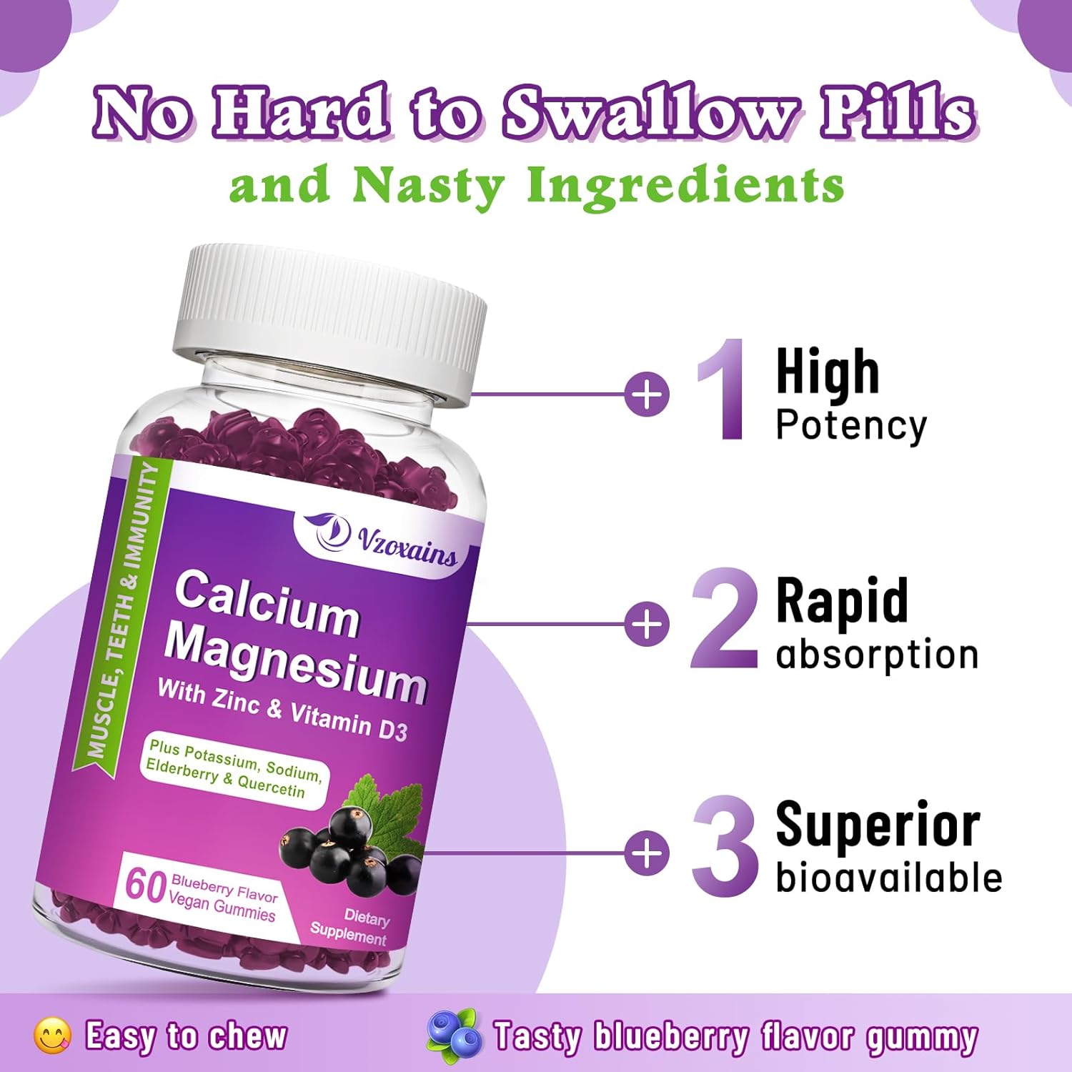 Blueberry Flavored Calcium Magnesium Zinc Gummies with Vitamin D3 - Strong Bones & Muscles Supplement - 60 Count