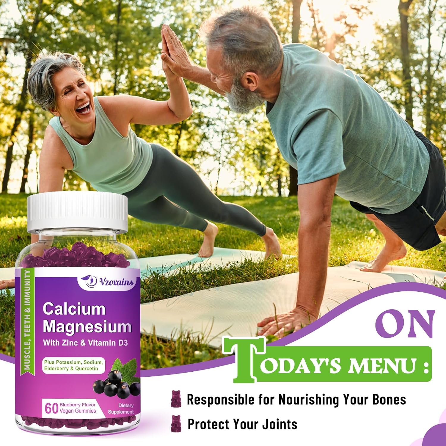 Blueberry Flavored Calcium Magnesium Zinc Gummies with Vitamin D3 - Strong Bones & Muscles Supplement - 60 Count
