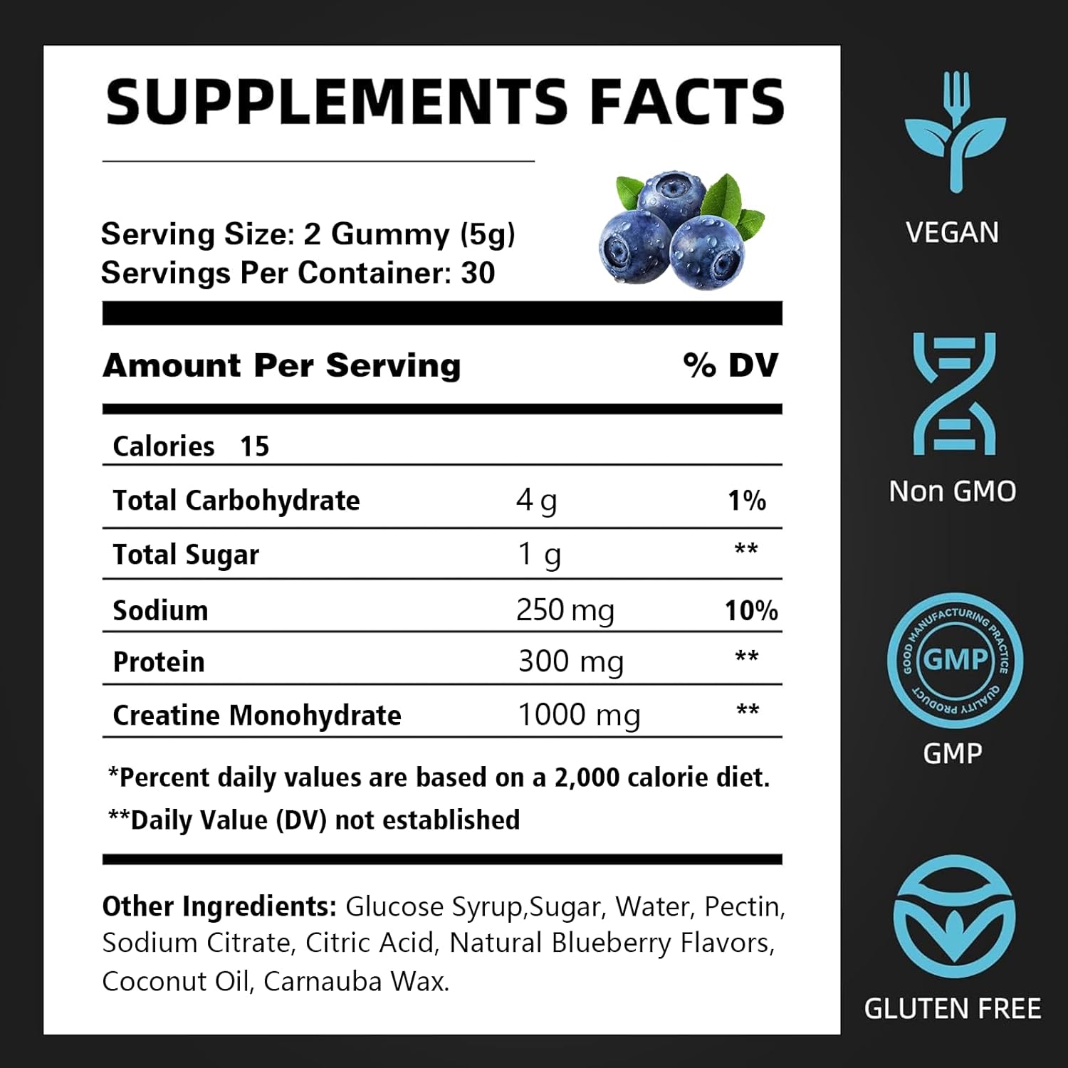 Blueberry Flavored Chewable Creatine Gummies for Muscle Strength & Energy Boost - 60 Count