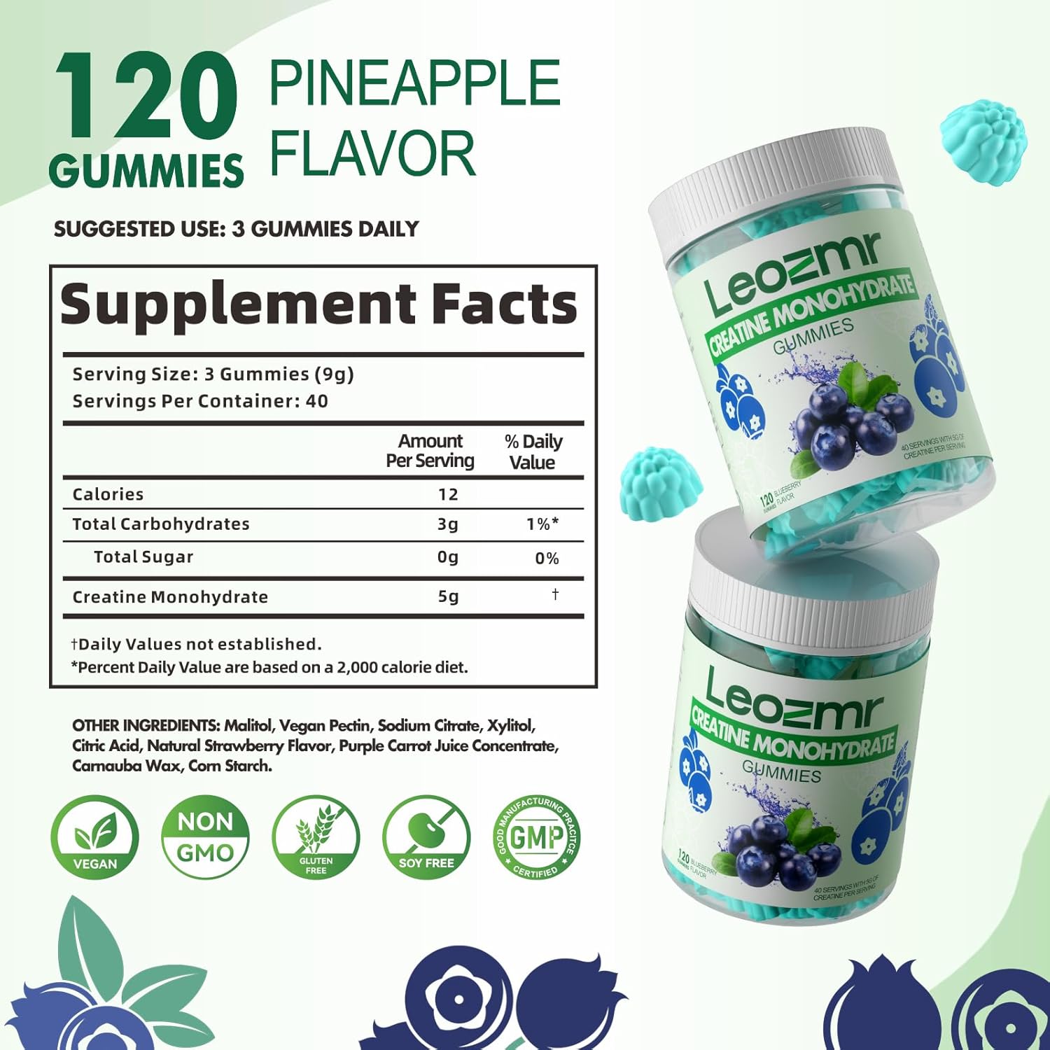 Blueberry Flavored Creatine Monohydrate Gummies 5000mg - 120 Count for Men & Women