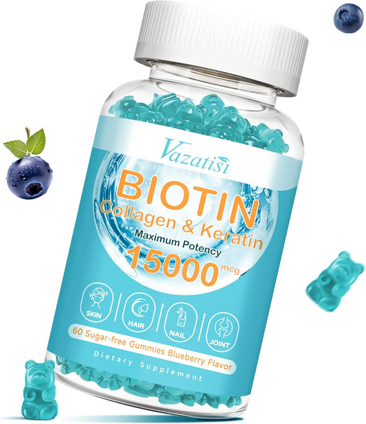 Blueberry Flavored Hair Skin Nail Vitamins Gummies with Biotin, Collagen, Vitamin C, and Zinc - 60 Ct for Immunity & Muscle Support