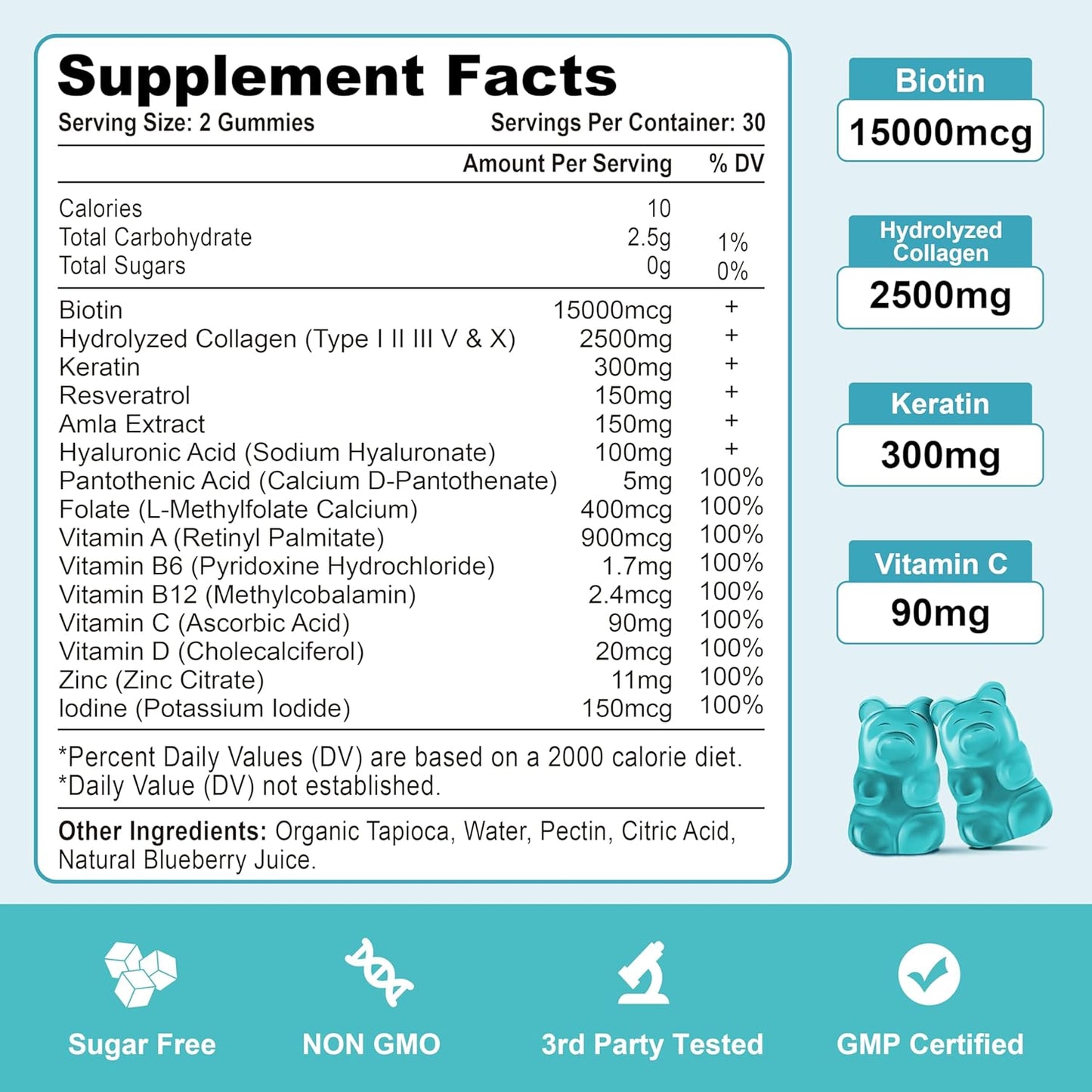 Blueberry Flavored Hair Skin Nail Vitamins Gummies with Biotin, Collagen, Vitamin C, and Zinc - 60 Ct for Immunity & Muscle Support