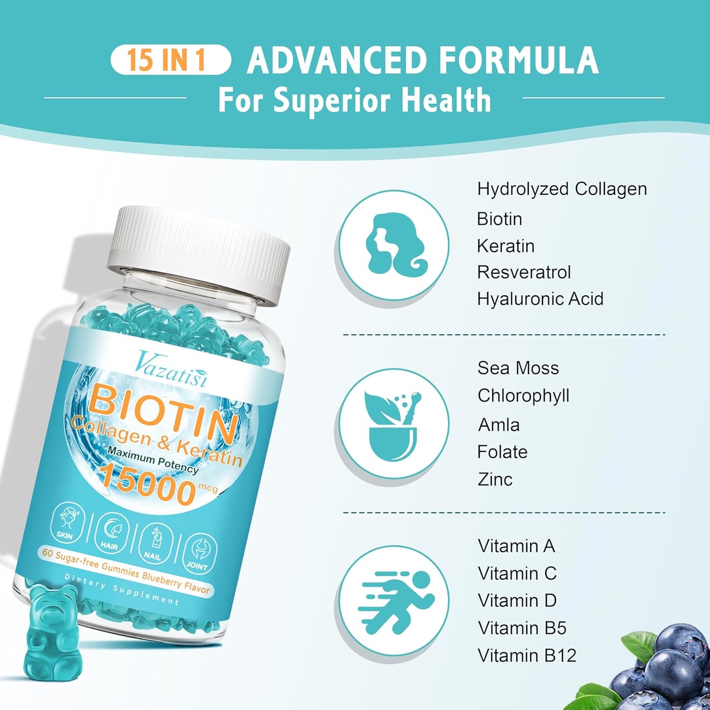 Blueberry Flavored Hair Skin Nail Vitamins Gummies with Biotin, Collagen, Vitamin C, and Zinc - 60 Ct for Immunity & Muscle Support