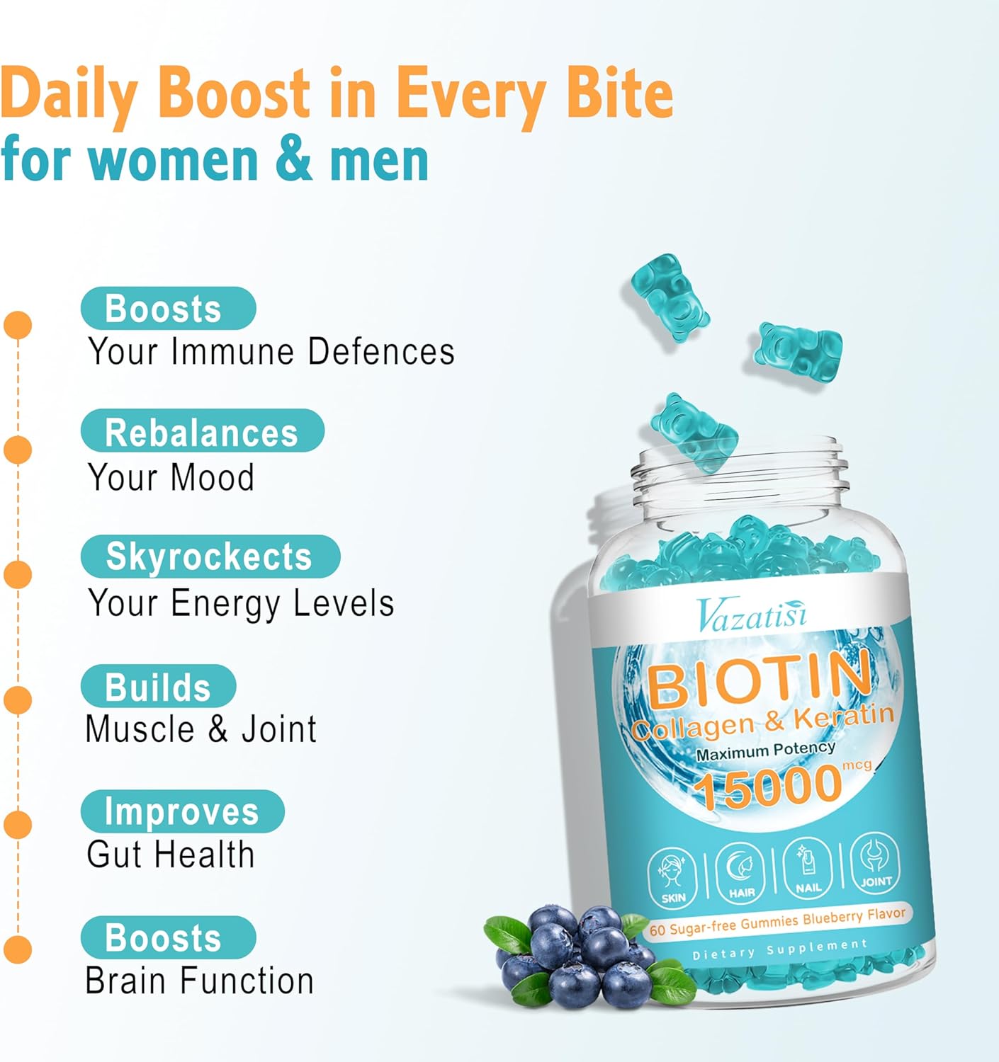 Blueberry Flavored Hair Skin Nail Vitamins Gummies with Biotin, Collagen, Vitamin C, and Zinc - 60 Ct for Immunity & Muscle Support