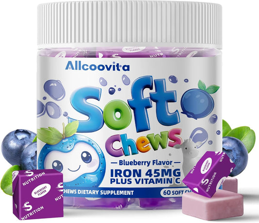 Blueberry Flavored Iron Soft Chew Supplement with Vitamin C - 60 Count - Gluten Free Iron Supplement for Women, Men, and Kids - 2 Month Supply