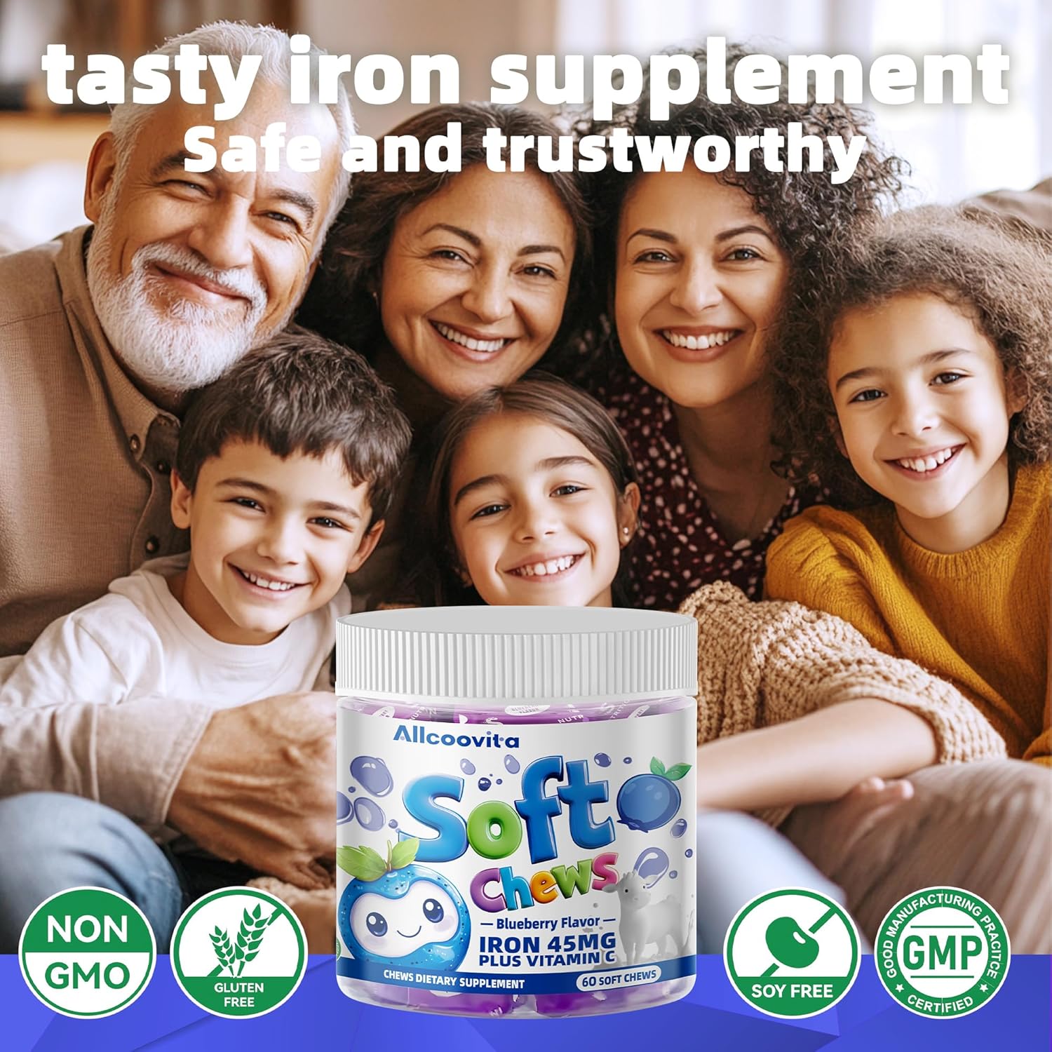 Blueberry Flavored Iron Soft Chew Supplement with Vitamin C - 60 Count - Gluten Free Iron Supplement for Women, Men, and Kids - 2 Month Supply