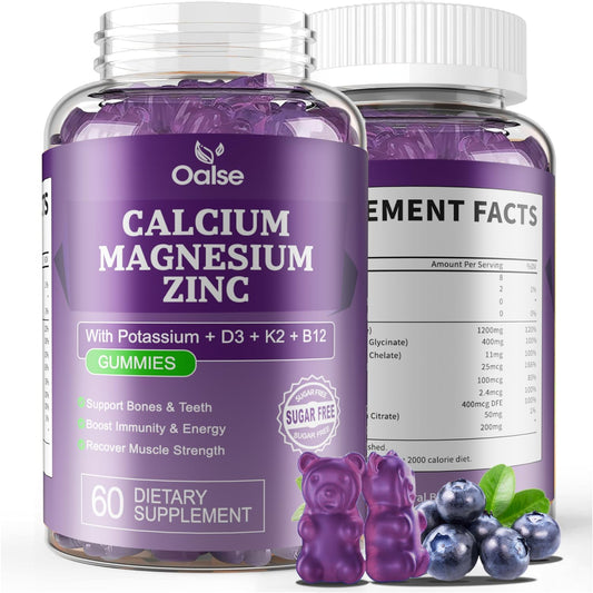 Blueberry Flavored OALSE Calcium Magnesium Zinc Gummies with Vitamin D3 & K2 for High Absorption - Supports Muscles, Immune System, and Sleep - Sugar Free (1 Pack)