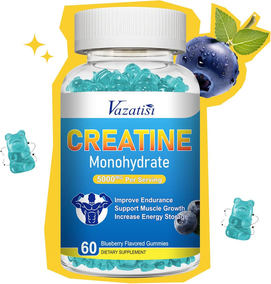 Blueberry Flavored Vazatisi Creatine Monohydrate Gummies - Vegan Supplement for Muscle Building, Energy, and Strength - 60 Count
