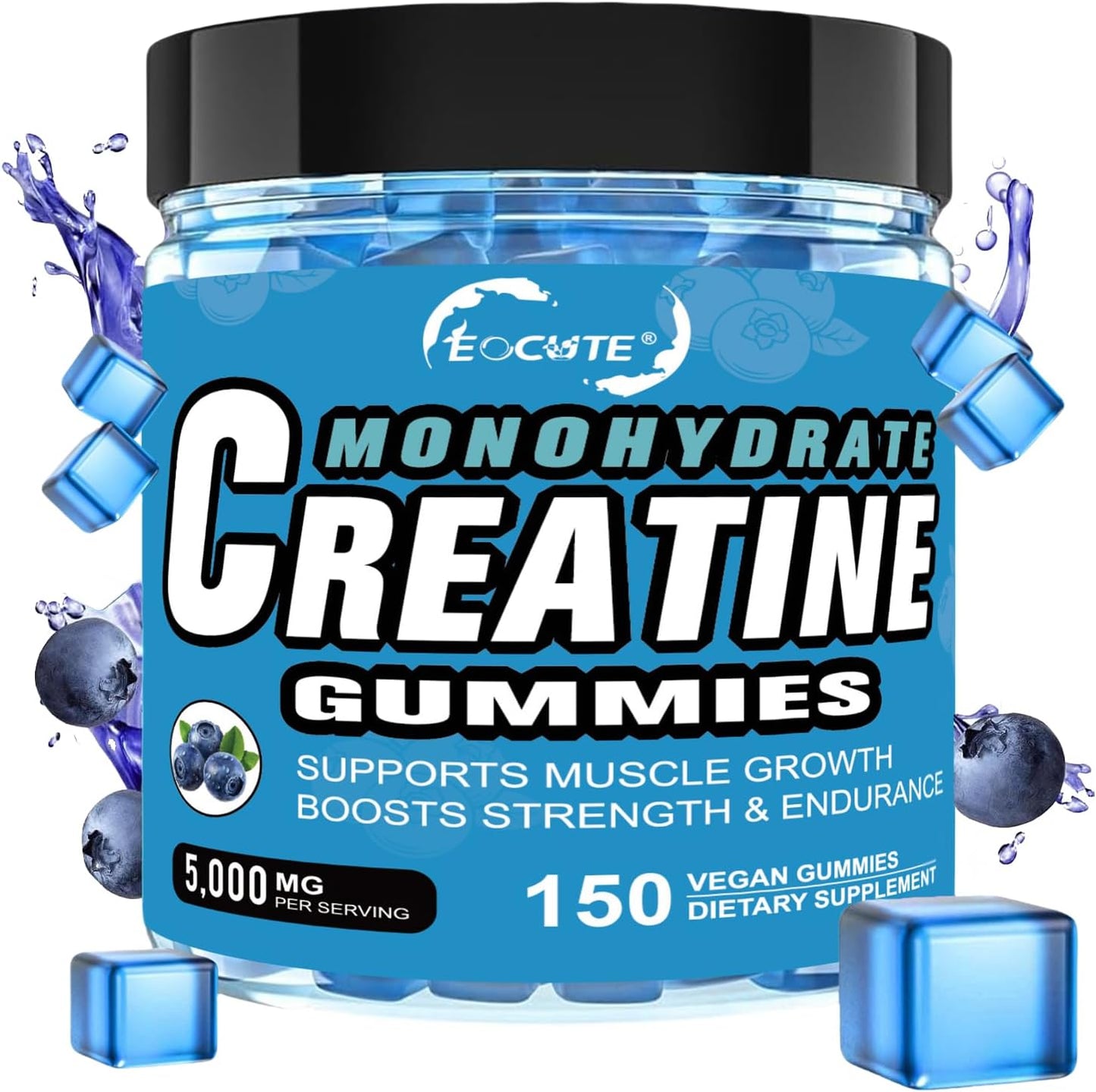 Blueberry Flavored Vegan Creatine Gummies with L-Taurine & Vitamin B12 - 150 Count for Strength and Muscle Building