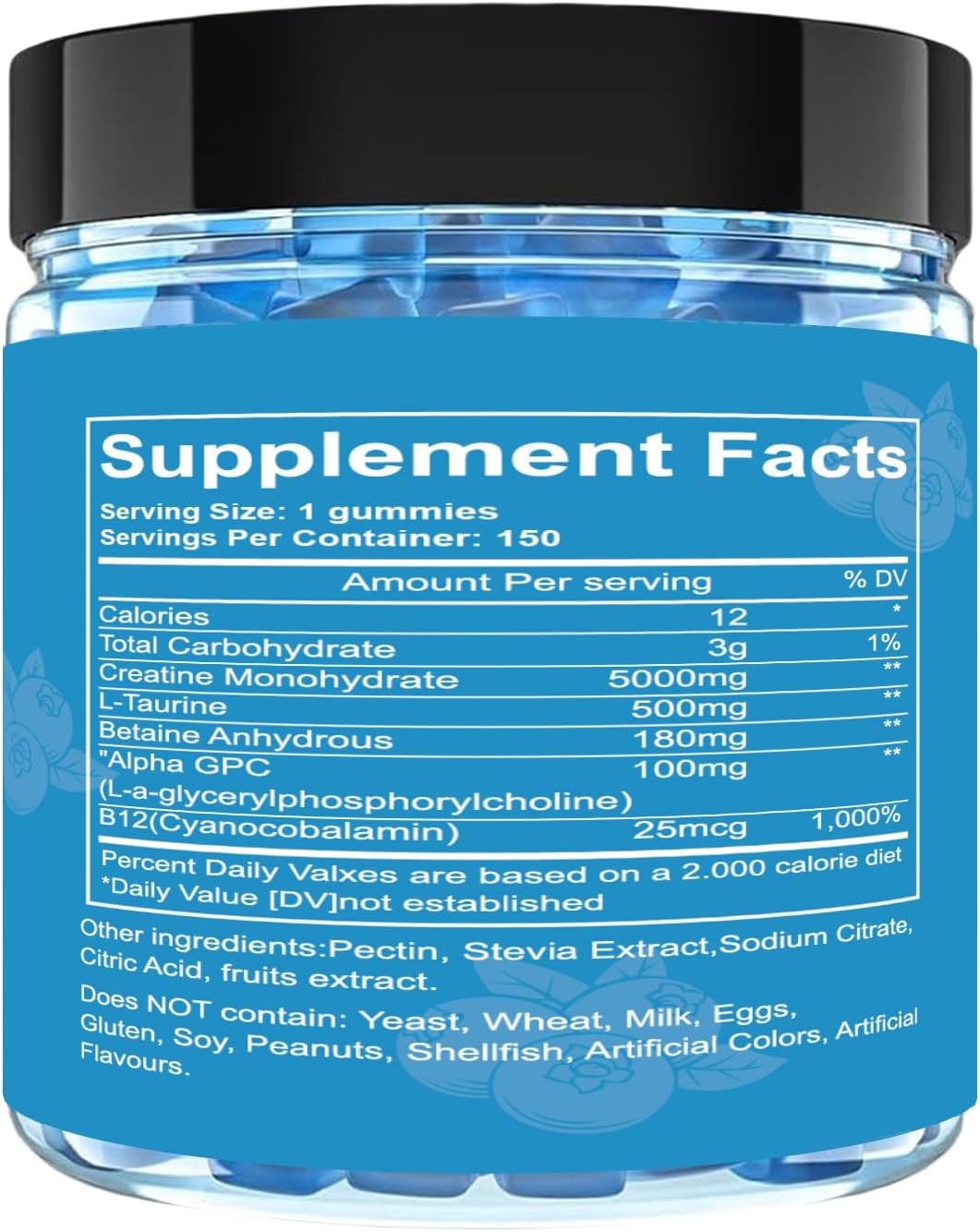 Blueberry Flavored Vegan Creatine Gummies with L-Taurine & Vitamin B12 - 150 Count for Strength and Muscle Building