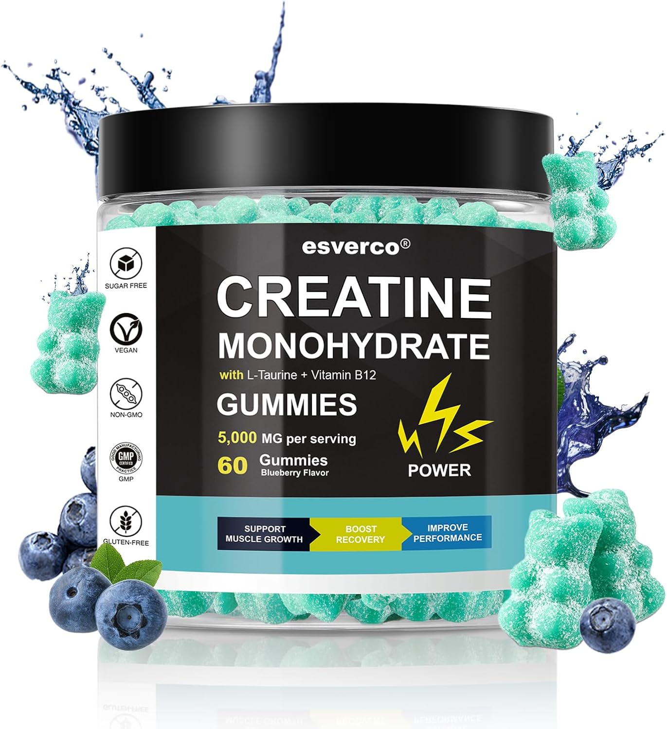 Blueberry Flavored Vegan Creatine Gummy Supplements for Muscle Growth and Energy Boost - 60 Count