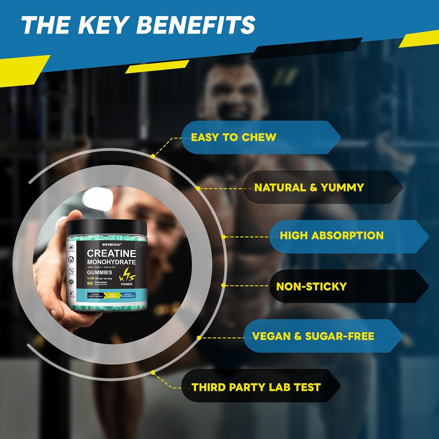 Blueberry Flavored Vegan Creatine Gummy Supplements for Muscle Growth and Energy Boost - 60 Count