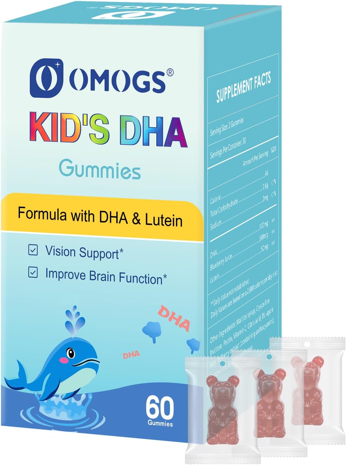 Blueberry Flavoured Children’s DHA Gummies with Lutein, Omega-3, Vitamin C - 60 Count, Gluten-Free & Vegan for Eye and Brain Health