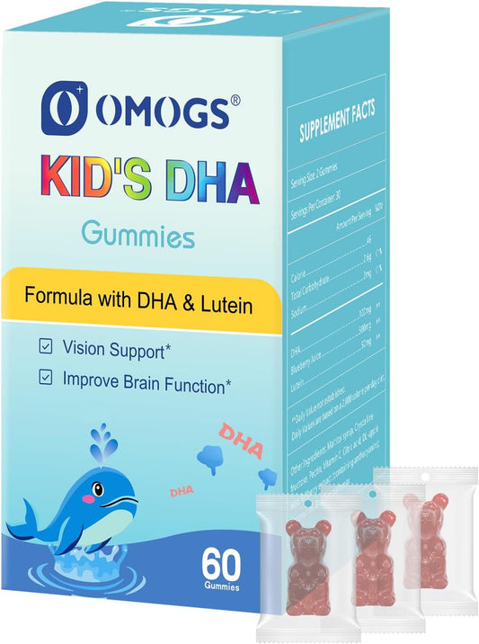 Blueberry Flavoured Children’s DHA Gummies with Lutein, Omega-3, Vitamin C - 60 Count, Gluten-Free & Vegan for Eye and Brain Health