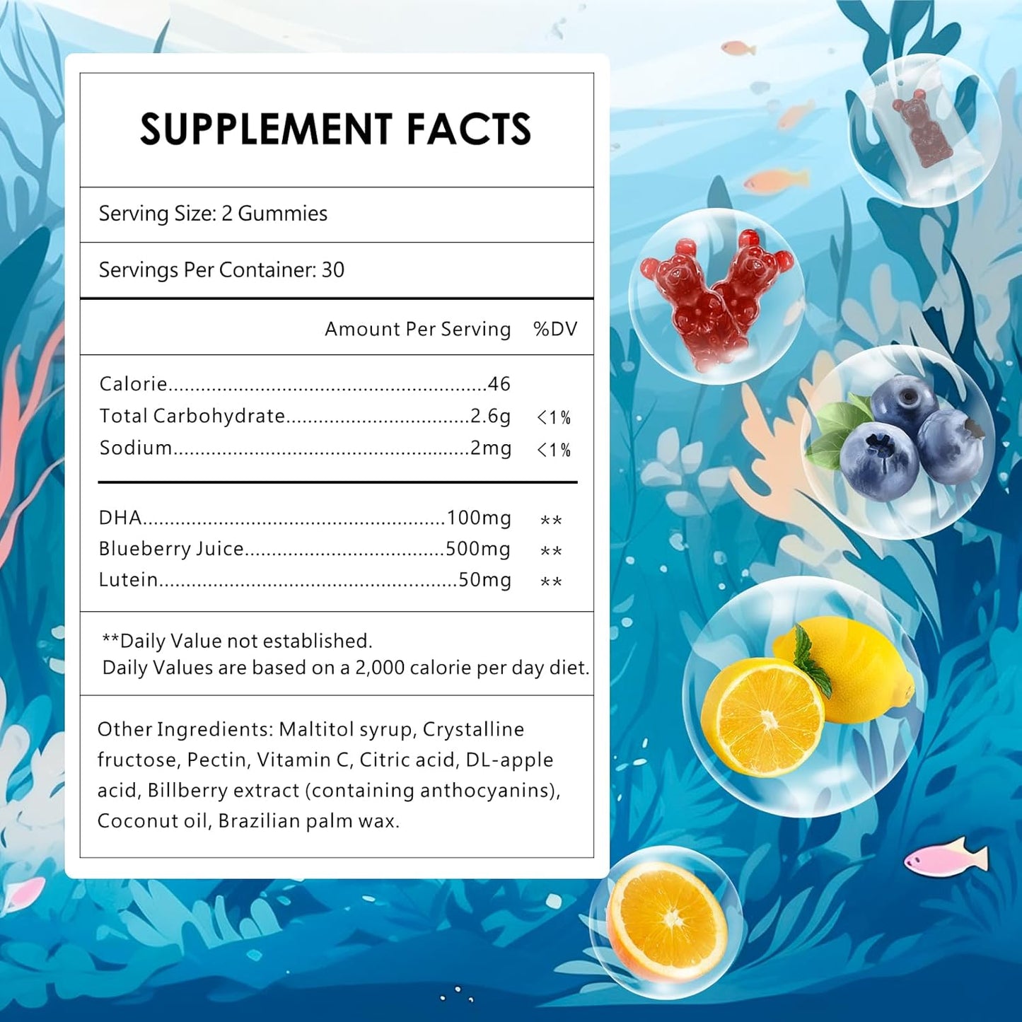 Blueberry Flavoured Children’s DHA Gummies with Lutein, Omega-3, Vitamin C - 60 Count, Gluten-Free & Vegan for Eye and Brain Health