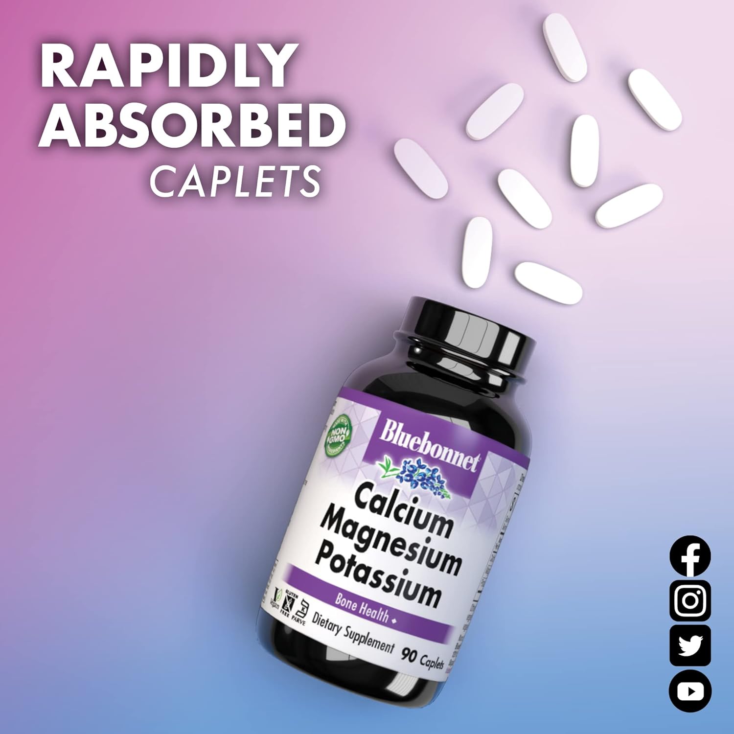 BlueBonnet Calcium Magnesium Potassium Caplets - 90 Count Bottle