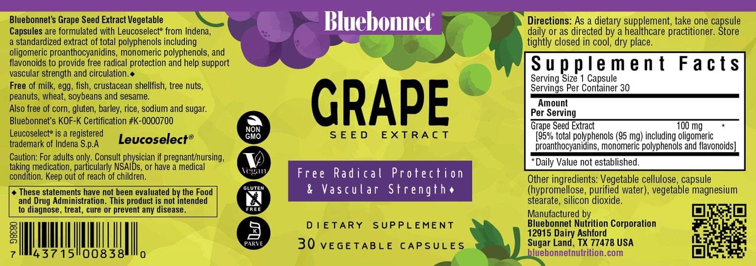 BlueBonnet Grape Seed Extract Supplement - Super Fruit Antioxidant, 30 Capsules