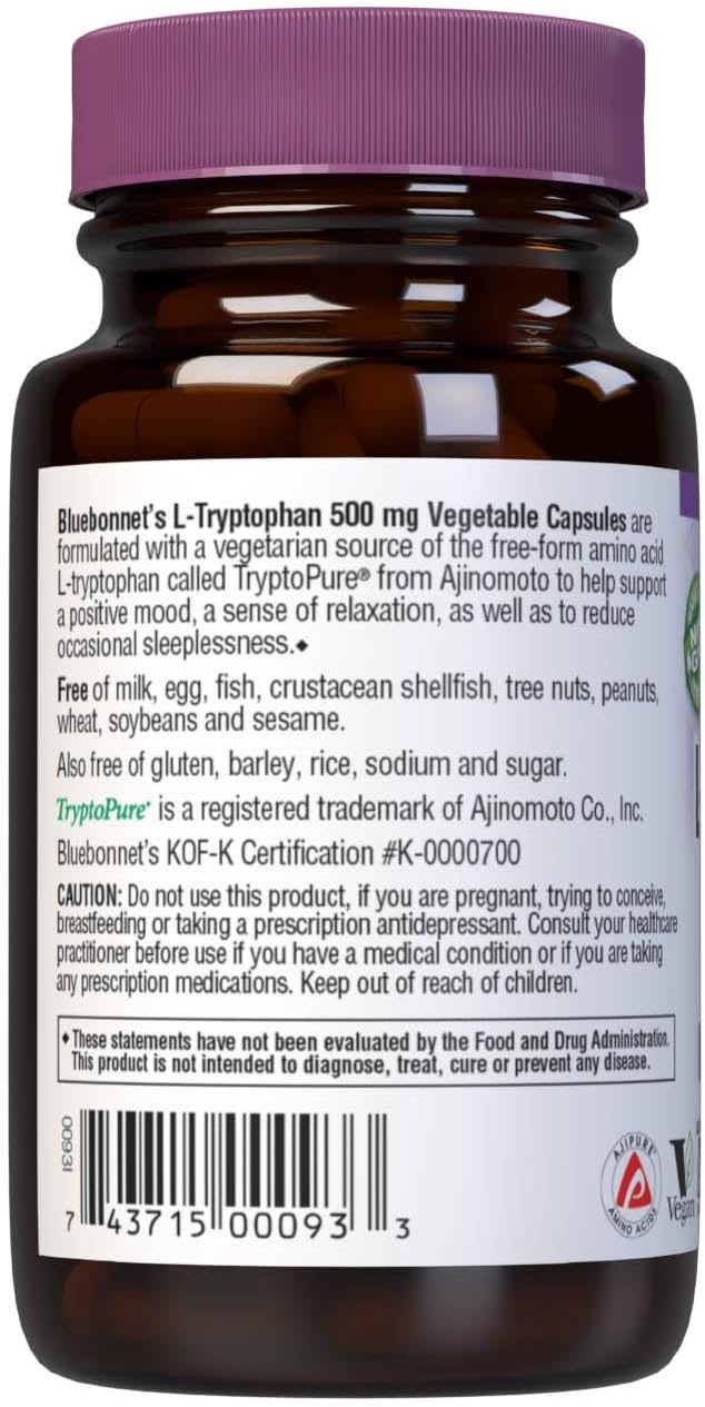 BlueBonnet L-Tryptophan Capsules - 500mg Vitamin Supplement (30 Count)