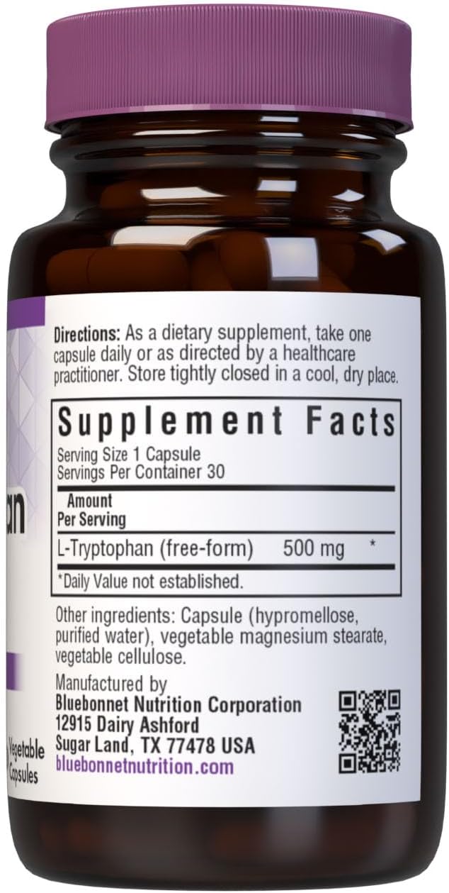 BlueBonnet L-Tryptophan Capsules - 500mg Vitamin Supplement (30 Count)
