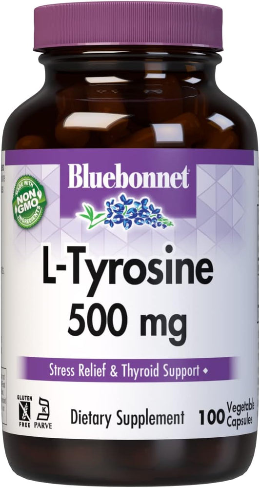 Bluebonnet L-Tyrosine 500mg Capsules – 100 Count Bottle for Brain Health and Mood Support