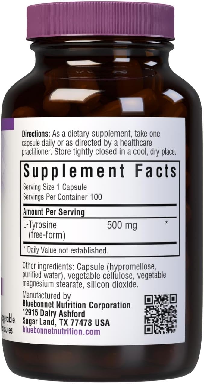 Bluebonnet L-Tyrosine 500mg Capsules – 100 Count Bottle for Brain Health and Mood Support