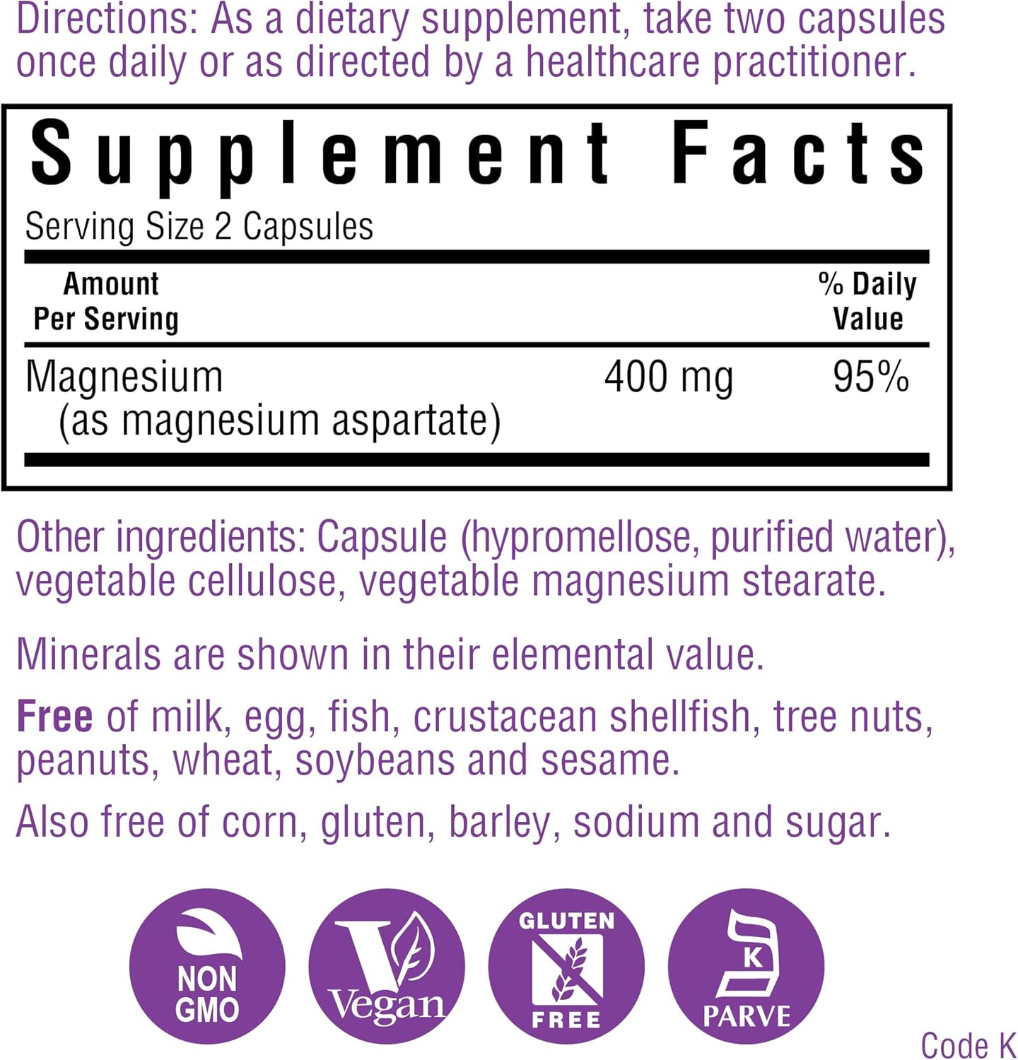 Bluebonnet Nutrition 400 mg Magnesium Aspartate - 200 Vegetarian Capsules
