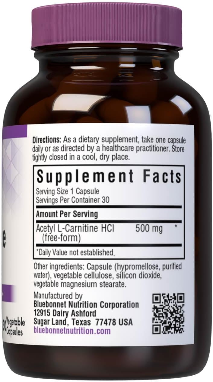 Bluebonnet Nutrition Acetyl L-Carnitine 500mg Vegetable Capsules - Vegan & Gluten-Free Energy Booster
