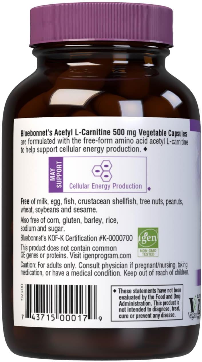 Bluebonnet Nutrition Acetyl L-Carnitine 500mg Vegetable Capsules - Vegan & Gluten-Free Energy Booster