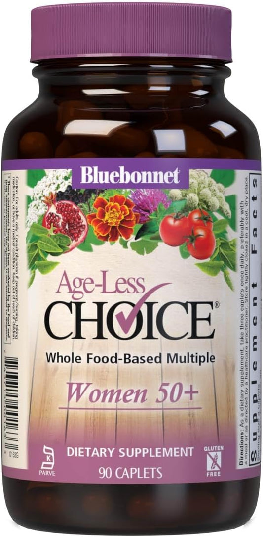 Bluebonnet Nutrition Age-Less Choice Women's 50+ Whole Food-Based Multi, Iron-Free, Dairy & Gluten-Free, Kosher Certified, Vegetarian, Pink/Purple, 90 Ct