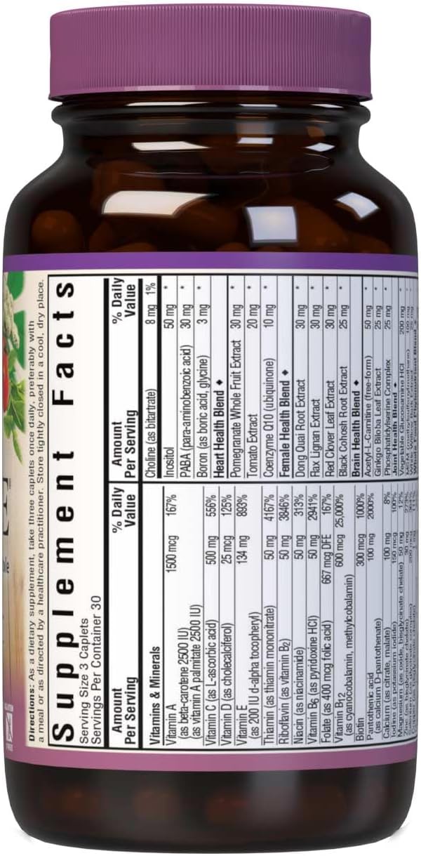Bluebonnet Nutrition Age-Less Choice Women's 50+ Whole Food-Based Multi, Iron-Free, Dairy & Gluten-Free, Kosher Certified, Vegetarian, Pink/Purple, 90 Ct