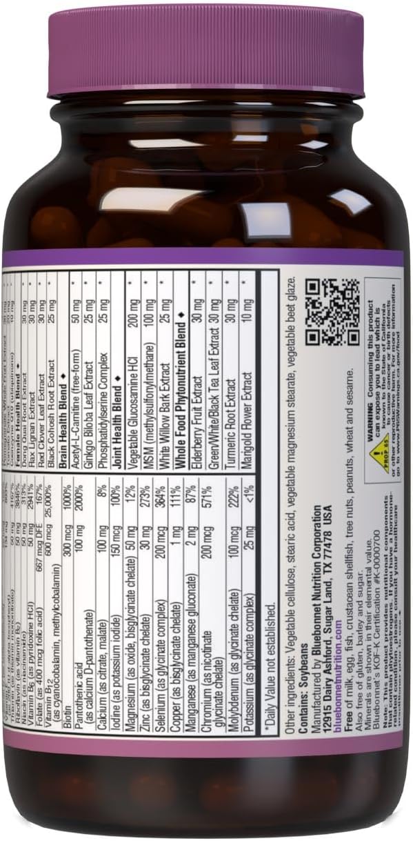Bluebonnet Nutrition Age-Less Choice Women's 50+ Whole Food-Based Multi, Iron-Free, Dairy & Gluten-Free, Kosher Certified, Vegetarian, Pink/Purple, 90 Ct