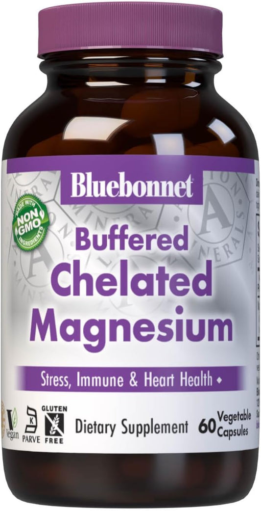 Bluebonnet Nutrition Albion Buffered Chelated Magnesium 200 mg - Stress Relief, Vegan, Non GMO, Gluten Free, Soy Free, Kosher - 60 Vegetable Capsules