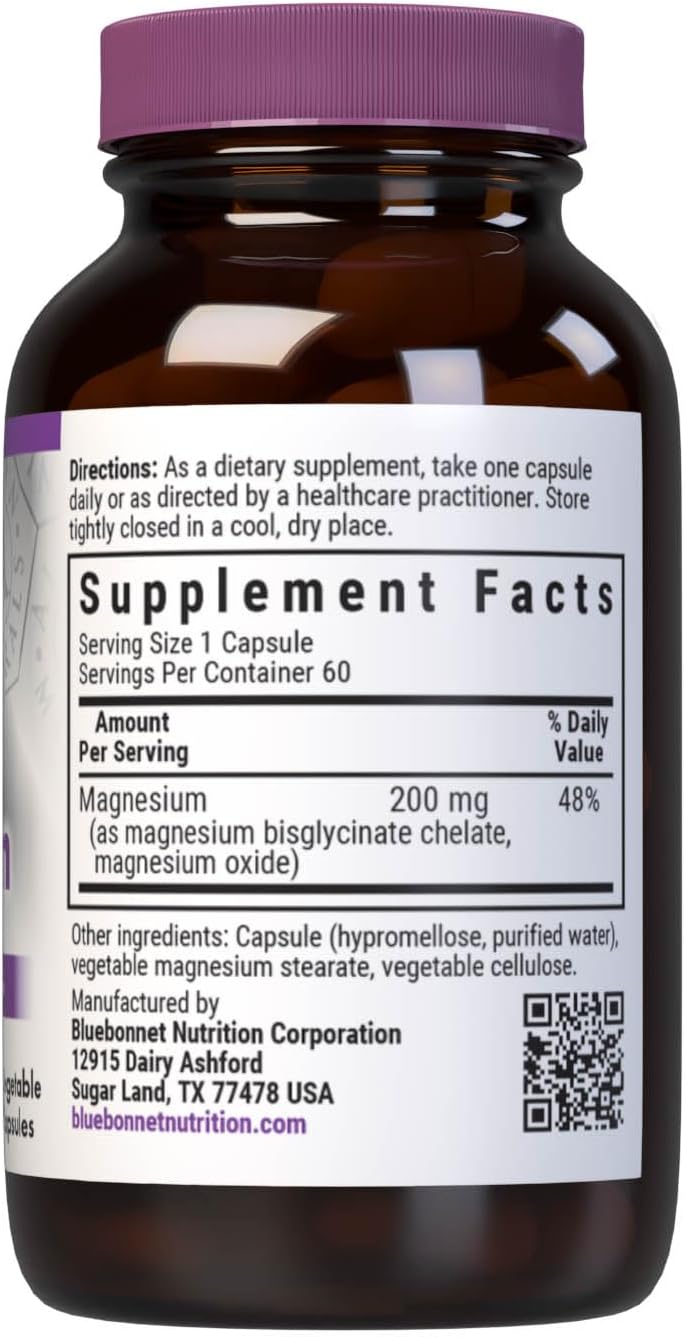 Bluebonnet Nutrition Albion Buffered Chelated Magnesium 200 mg - Stress Relief, Vegan, Non GMO, Gluten Free, Soy Free, Kosher - 60 Vegetable Capsules