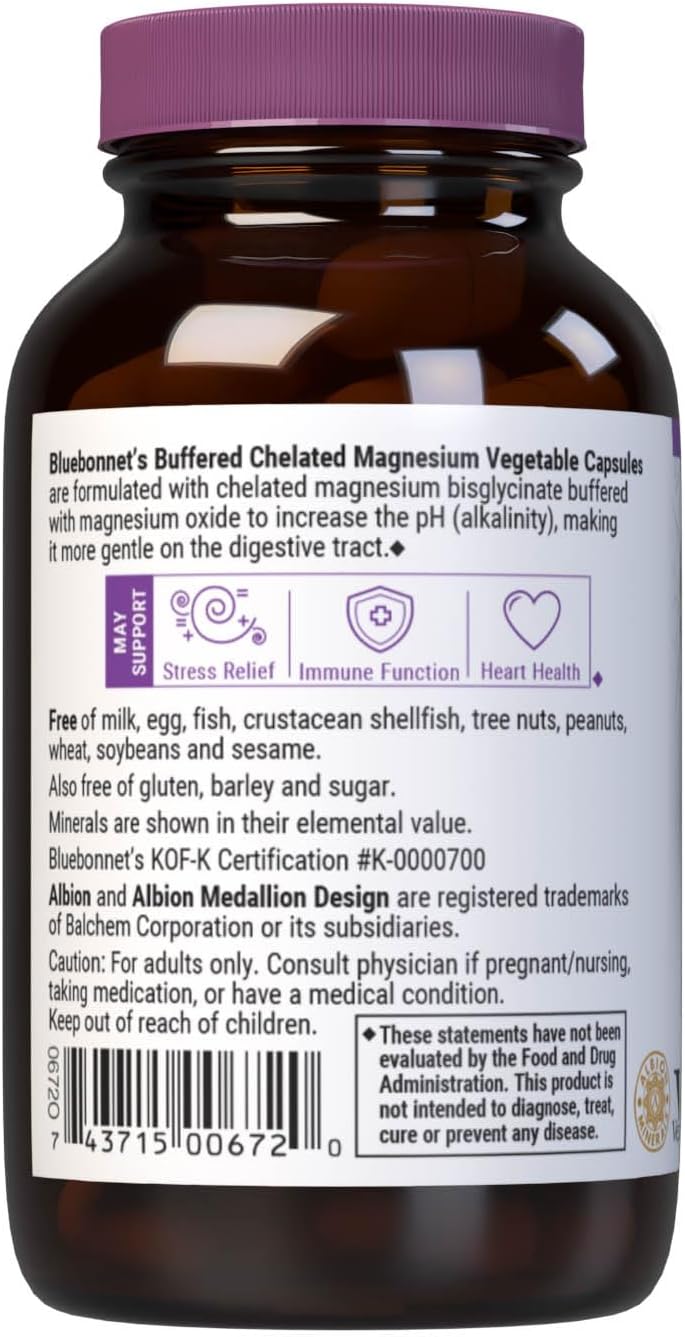 Bluebonnet Nutrition Albion Buffered Chelated Magnesium 200 mg - Stress Relief, Vegan, Non GMO, Gluten Free, Soy Free, Kosher - 60 Vegetable Capsules