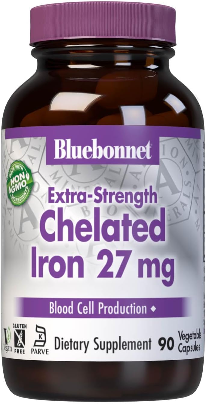 Bluebonnet Nutrition Albion Extra-Strength Chelated Iron 27 mg - Soy, Gluten, and Dairy-Free Vegan Supplement for Healthy Red Blood Cell Production - 90 Capsules