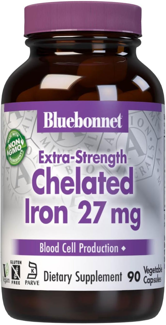 Bluebonnet Nutrition Albion Extra-Strength Chelated Iron 27 mg - Soy, Gluten, and Dairy-Free Vegan Supplement for Healthy Red Blood Cell Production - 90 Capsules
