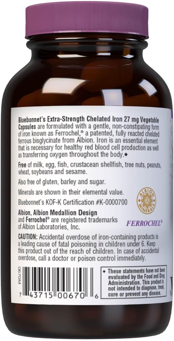 Bluebonnet Nutrition Albion Extra-Strength Chelated Iron 27 mg - Soy, Gluten, and Dairy-Free Vegan Supplement for Healthy Red Blood Cell Production - 90 Capsules