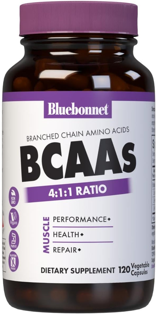 Bluebonnet Nutrition BCAAs 4:1:1 Ratio for Muscle Performance, Health, and Repair - Non-GMO, Vegan, Kosher, Gluten-Free - 120 Capsules