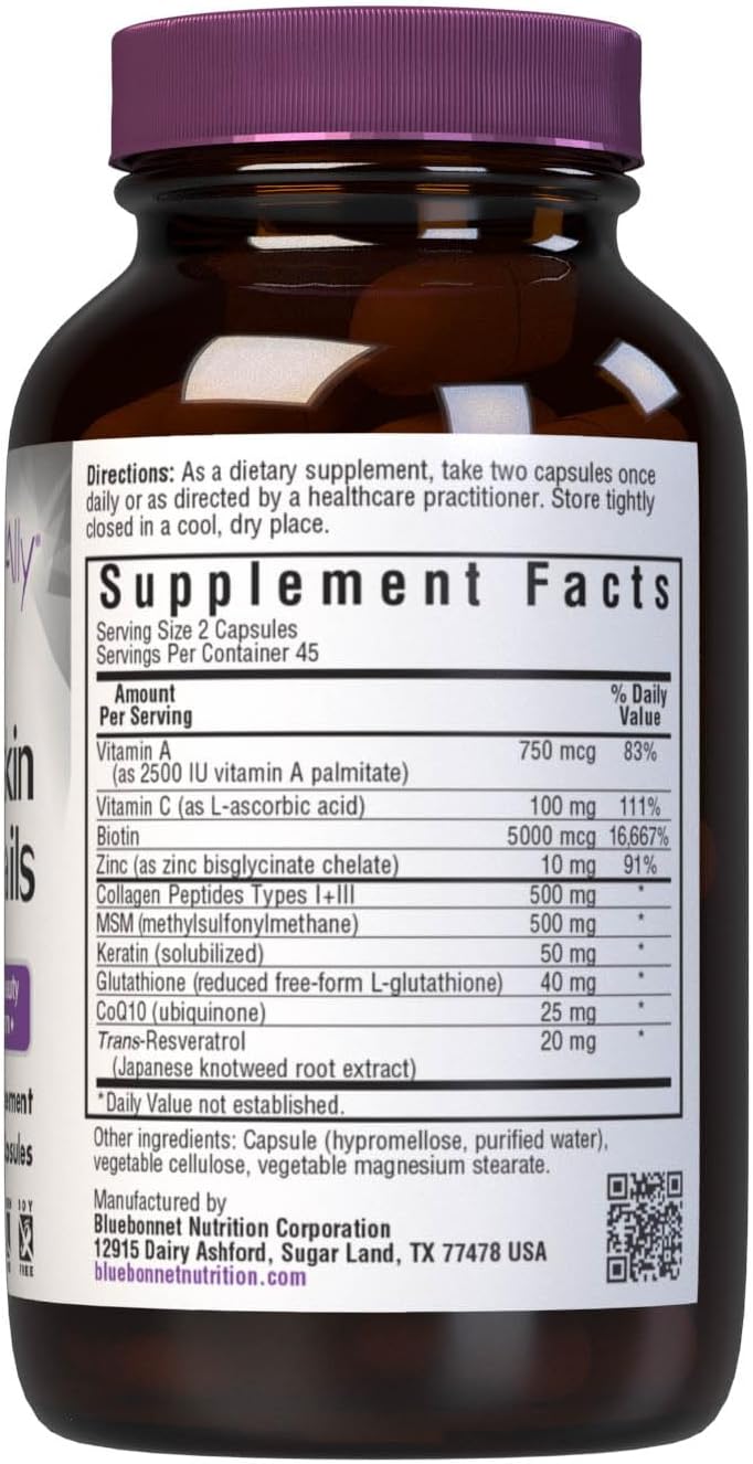 BlueBonnet Nutrition Beautiful Ally Hair, Skin & Nails Supplement with Grass Fed Collagen Peptides - Type 1 & 3, Non-GMO, Gluten-Free, 90 Capsules